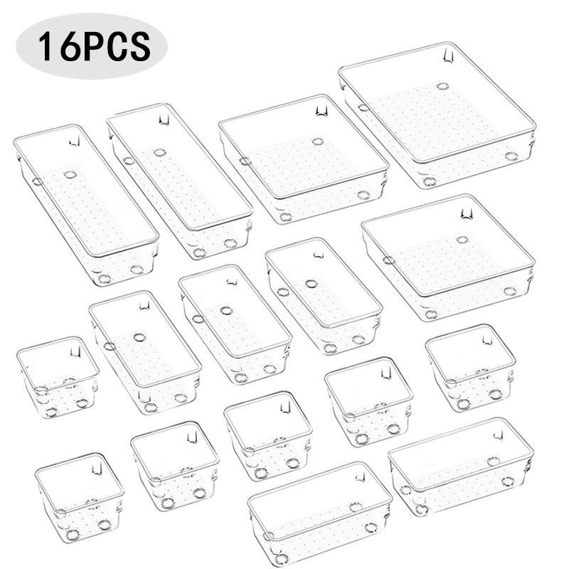 5 Sizes Versatile Clear Plastic Bathroom and Vanity Drawer Organizer Trays 16PCS Mini Desk Drawer Organizer Set