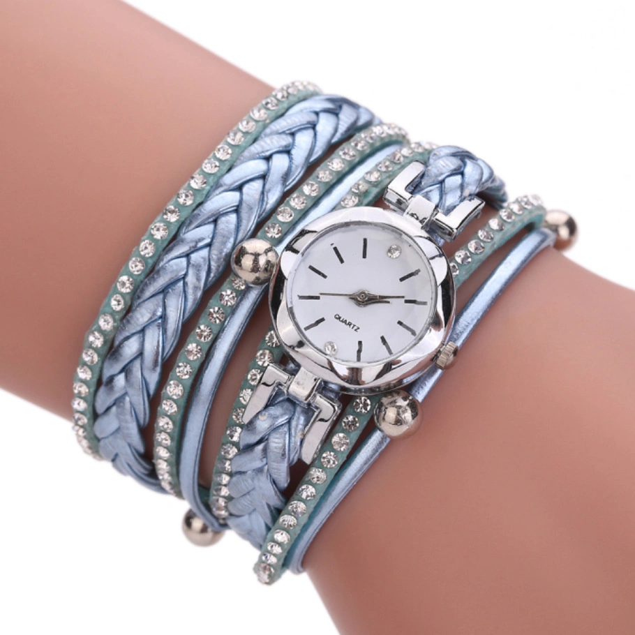 Multi Strap Wrap Around Bracelet Watch Analog Quartz Dress Wrist Watches Diamond Lined Braided Leather Strap Fashion Watches Esg13633