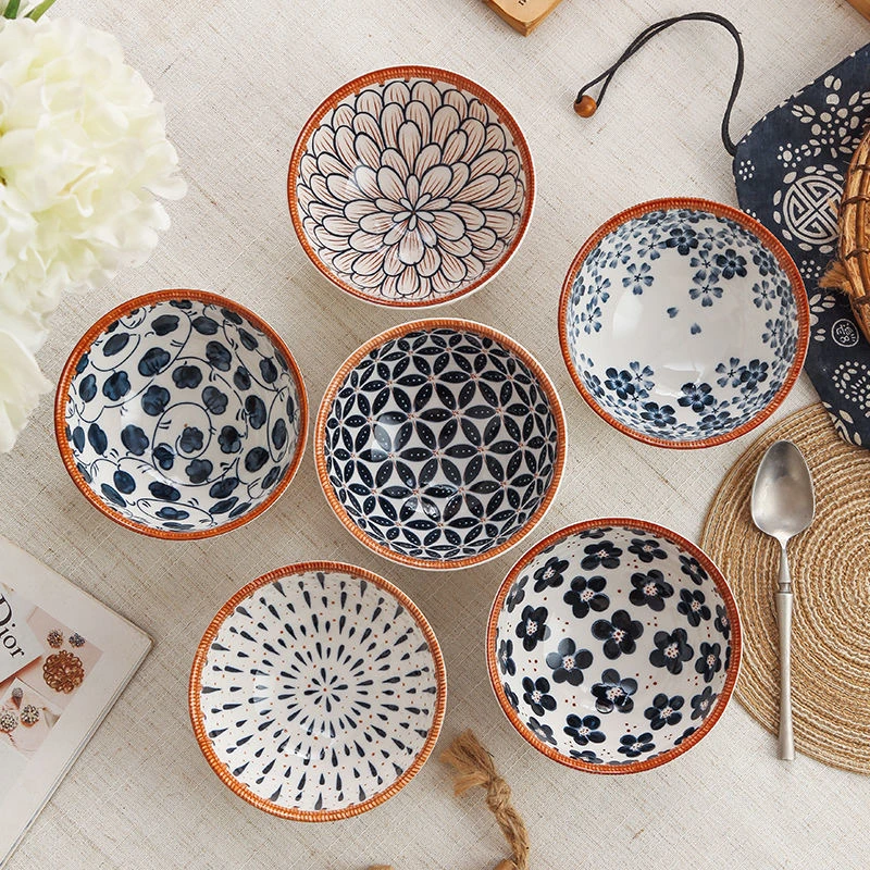 Vintage-Style Chinese Ceramic Bowl with Wicker Pattern - Exquisite Dish for Desserts and Rice Unique Traditional Design, Ideal for Gifts 4.5-Inch Bowl Set