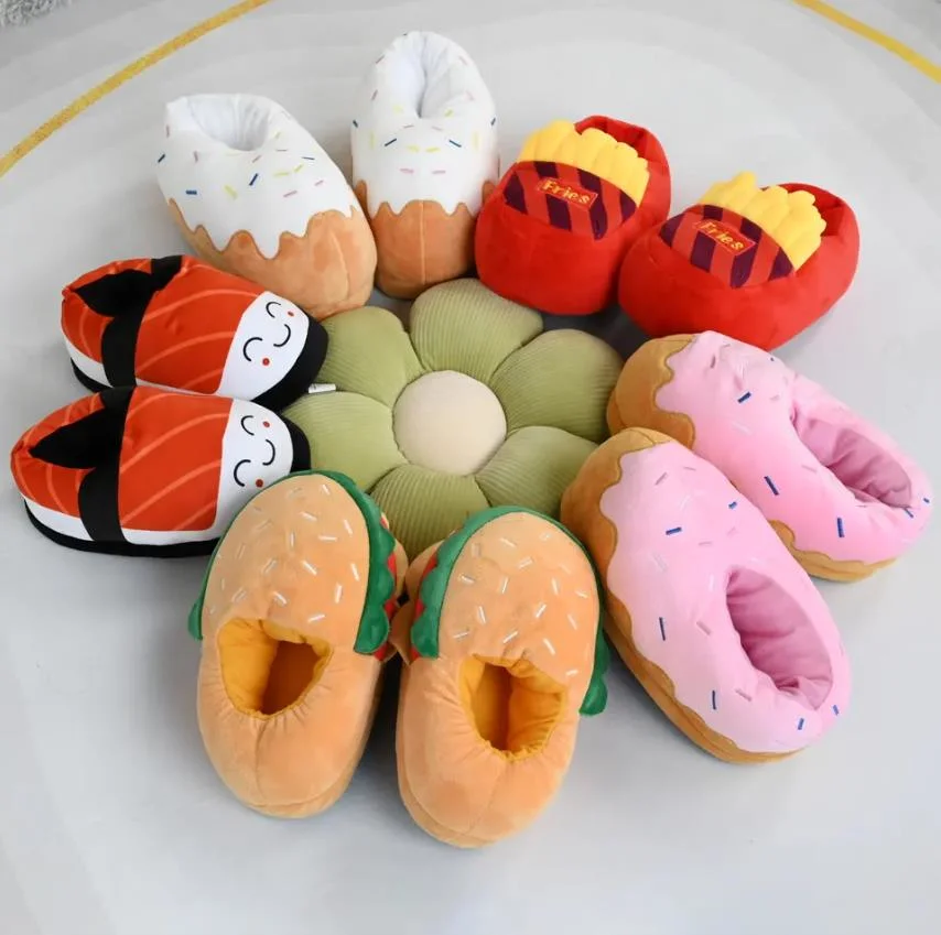 Wholesale/Supplier Winter Warm Shoes Slides Flat Salmon Fries Hamburger Shape Plush Indoor Slippers