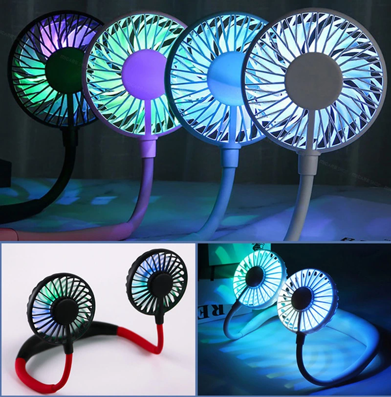 Mini USB Neckband Electric Fan Rechargeable Air Cooler Sport Fan with Colorful LED Light