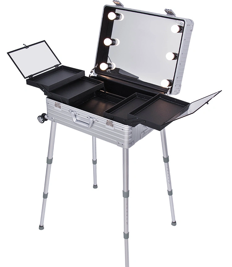 Rolling Makeup Case Portable Aluminum Train Table Case Makeup Trolley Station Vanity Mirror Cosmetic Box Salon