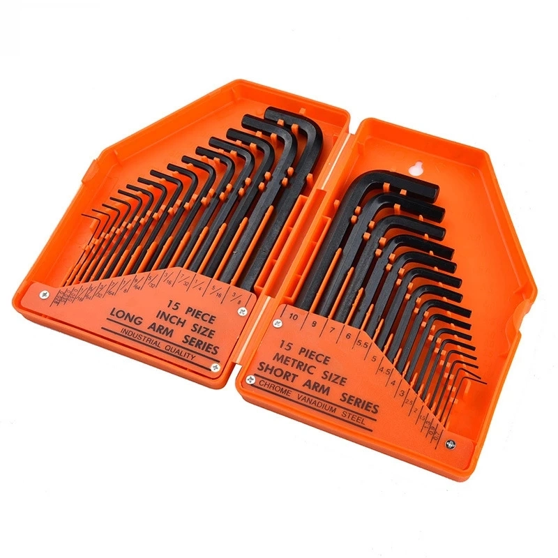 30PCS Hex Key Allen Wrench 0.028"- 3/8" Inch & 0.7mm-10mm Metric Size Chromium-Vanadium Steel Spanner Long Arm Tool Set