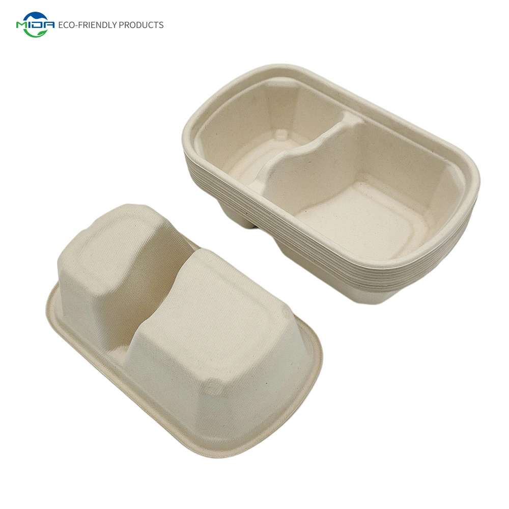 Restaurant Disposable Sugarcane Pulp Bagasse Dinnerware Tray Burger Box Dinner Set Lunch Box 2 Compartment Take Away Box Food Containers Tableware with Lids