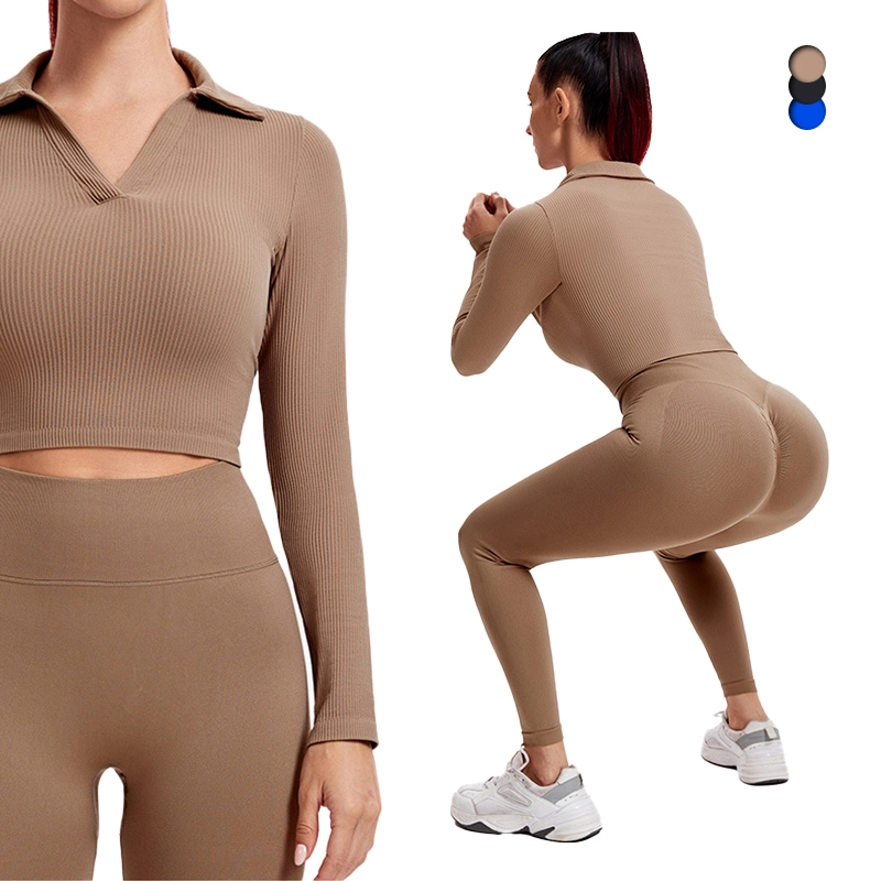 Tz1553 Workout Outfits for Women 2 Pieces Ribbed Yoga Long Sleeve Tops High Waist Leggings Exercise Set for Winter Athletic Wear