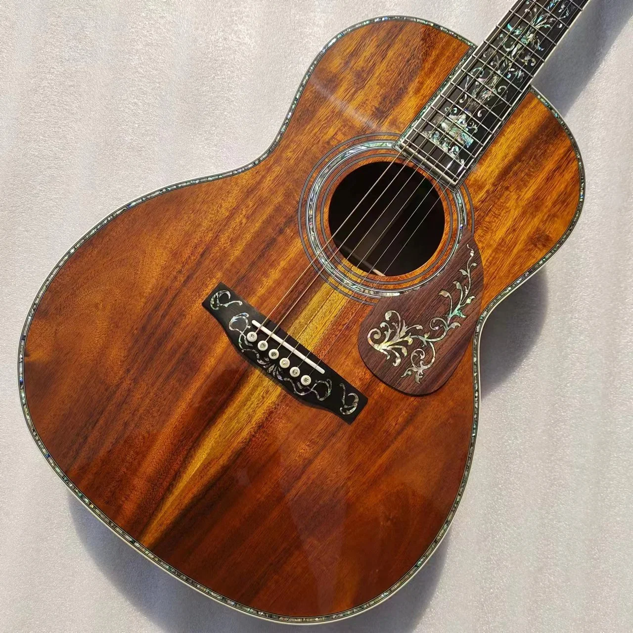 Custom Aaaa Solid Koa Wood Top and Back and Side Real Abalone Binding All Over Ebony Wood Fretboard/Bridge Acoustic Guitar