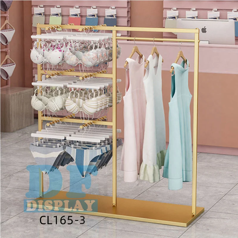 Retail Store Fixture Hanging Clothes Custom Shop Design Metal Gold Clothing Dress Display Rack Underwear Display for Boutique Wooden Metal MDF Rack