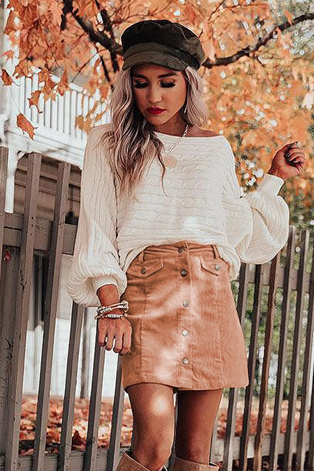 High Waist Button Corduroy Mini Skirt