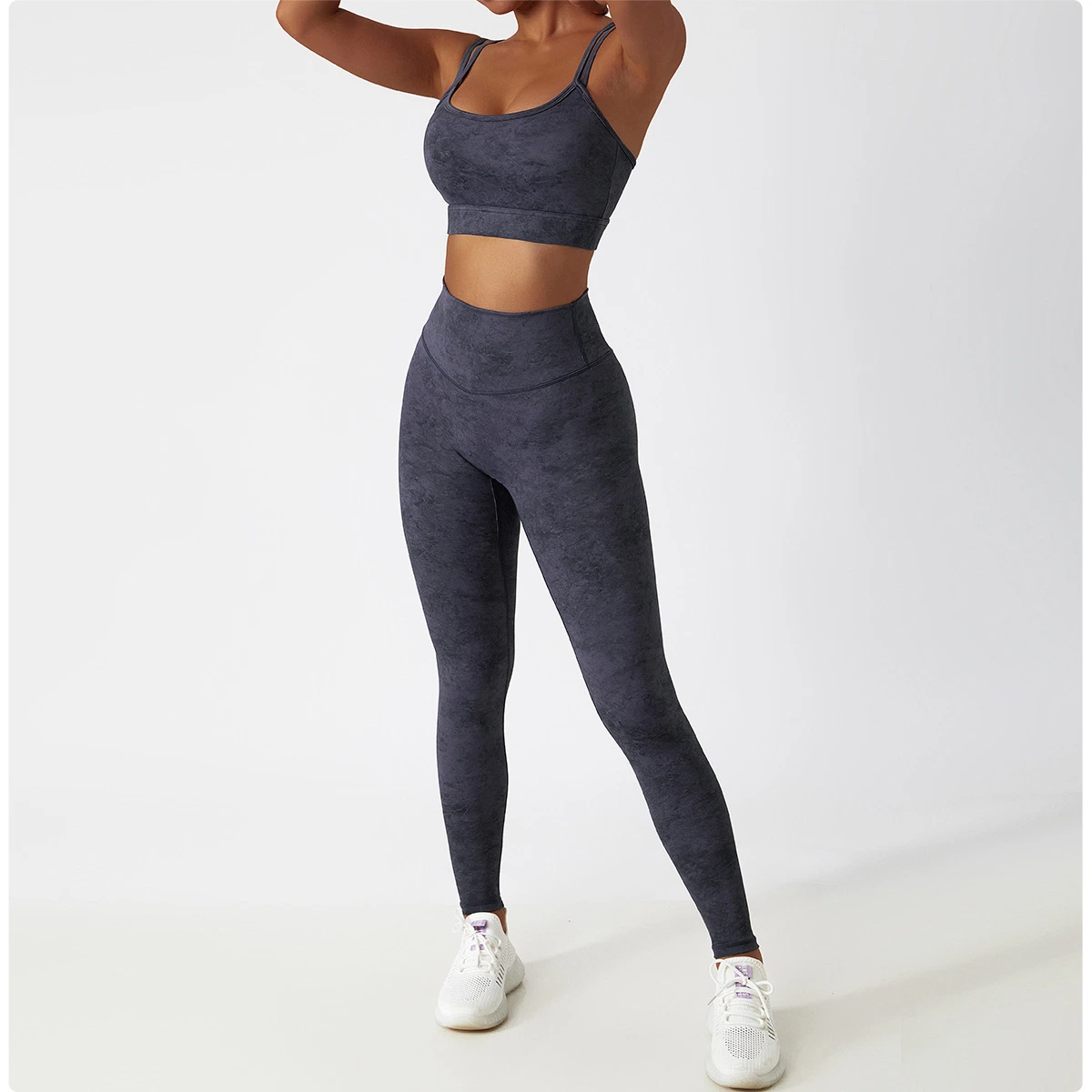 Ensemble de soutien-gorge de yoga imprimé tie-dye et de pantalons de sport, ensemble de leggings de course de remise en forme de haute taille pour femmes, vêtements de sport pour les hanches.