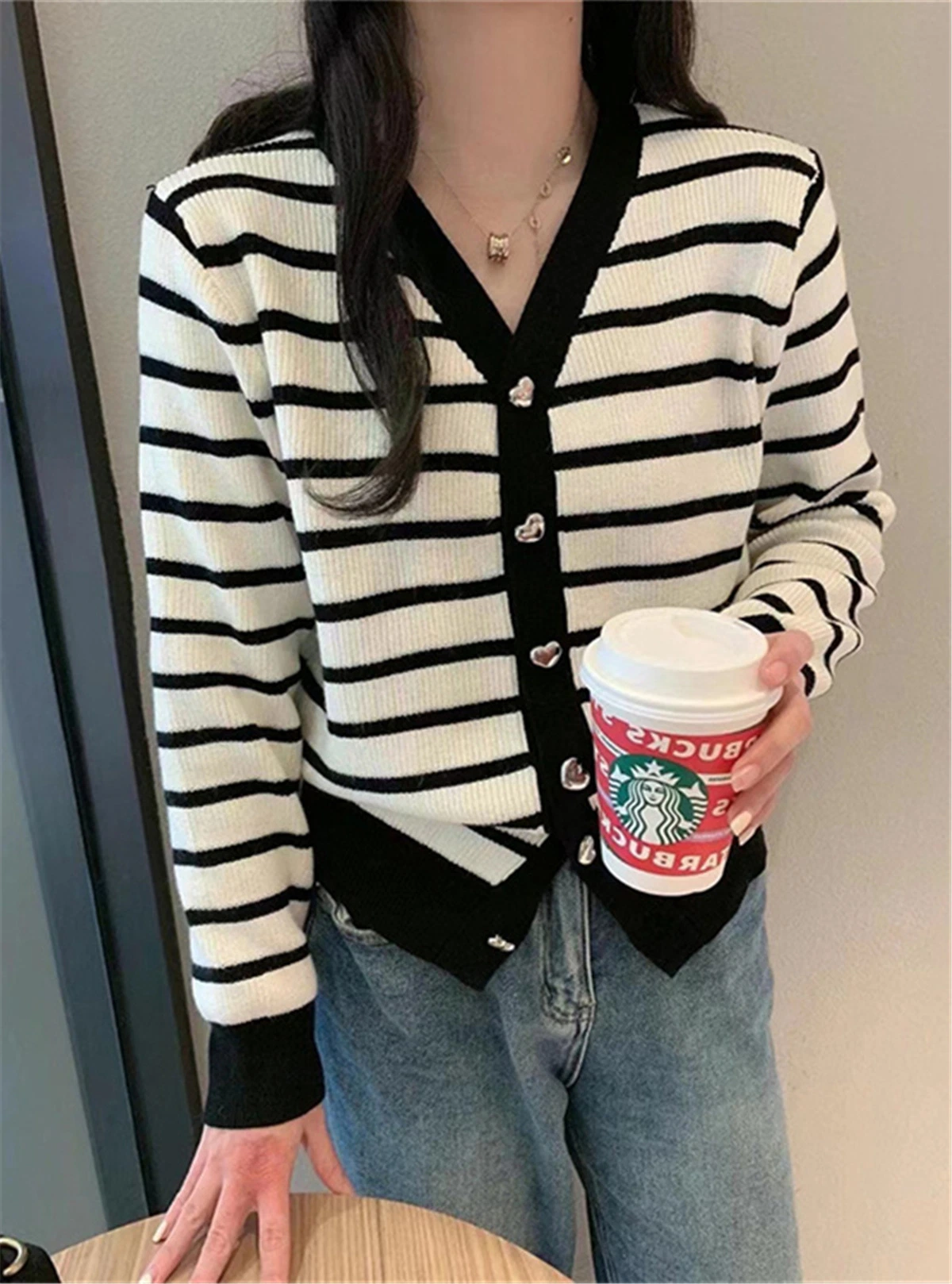 Women's Striped Contrast Knit Heart Button Loose Cropped Sweater