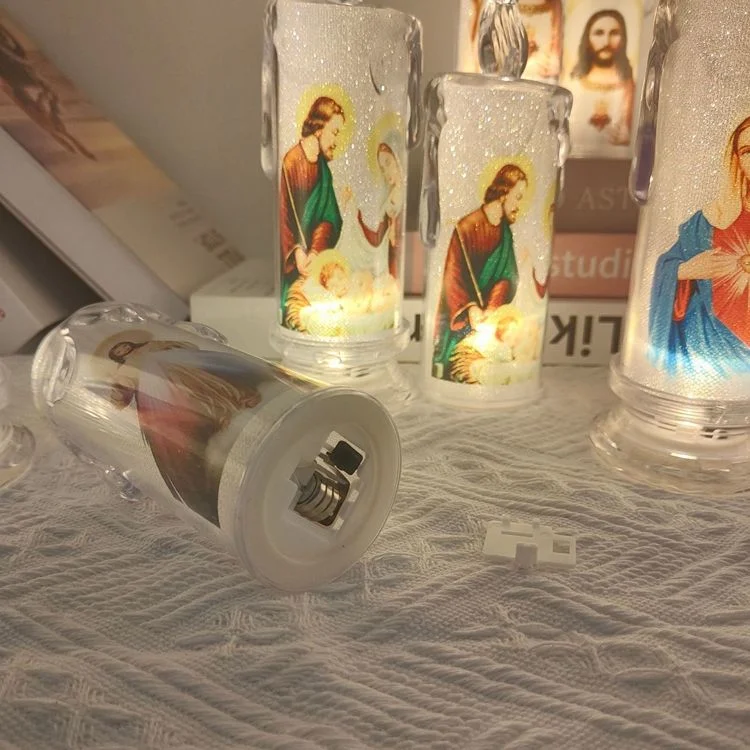 Vente chaude Bougie religieuse personnalisée à piles sans flamme avec design Virgin Jesus Bougies à LED à mèche mobile pour église.