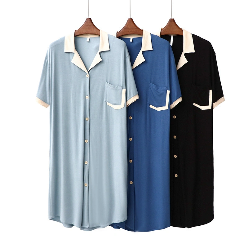 New Summer Cute Style Fashion Girlish Nightgown for Teen Girl Contrast Lapel Modal Fashion Homedress for Young Lady with Buttons