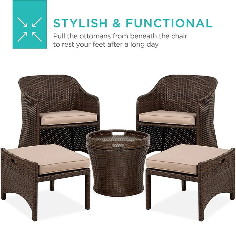 5-Piece Outdoor Wicker Conversation Rattan Chair Bistro Patio Furniture Set and Storage Table