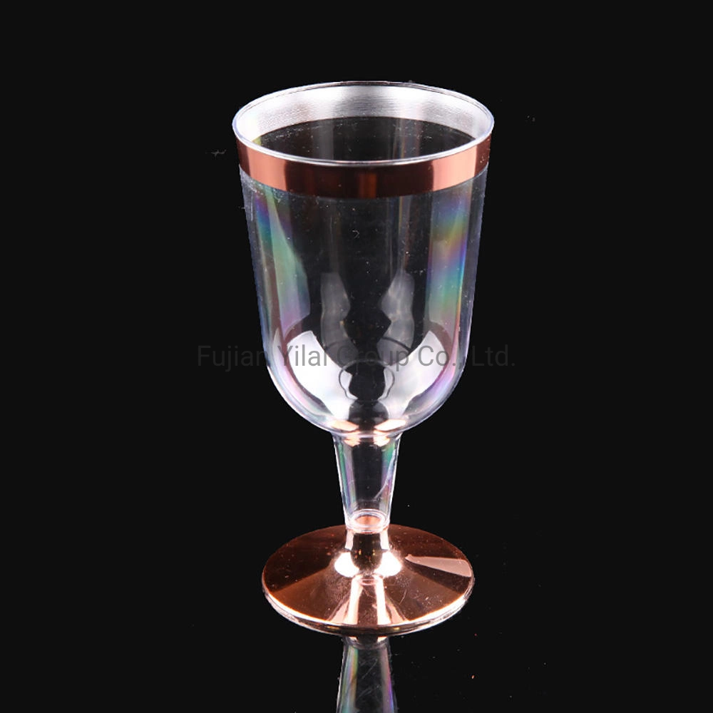 6oz Fabricante Mayoreo desechable Copa PS vidrio plástico vino Con vasos de plástico desechables con borde de oro