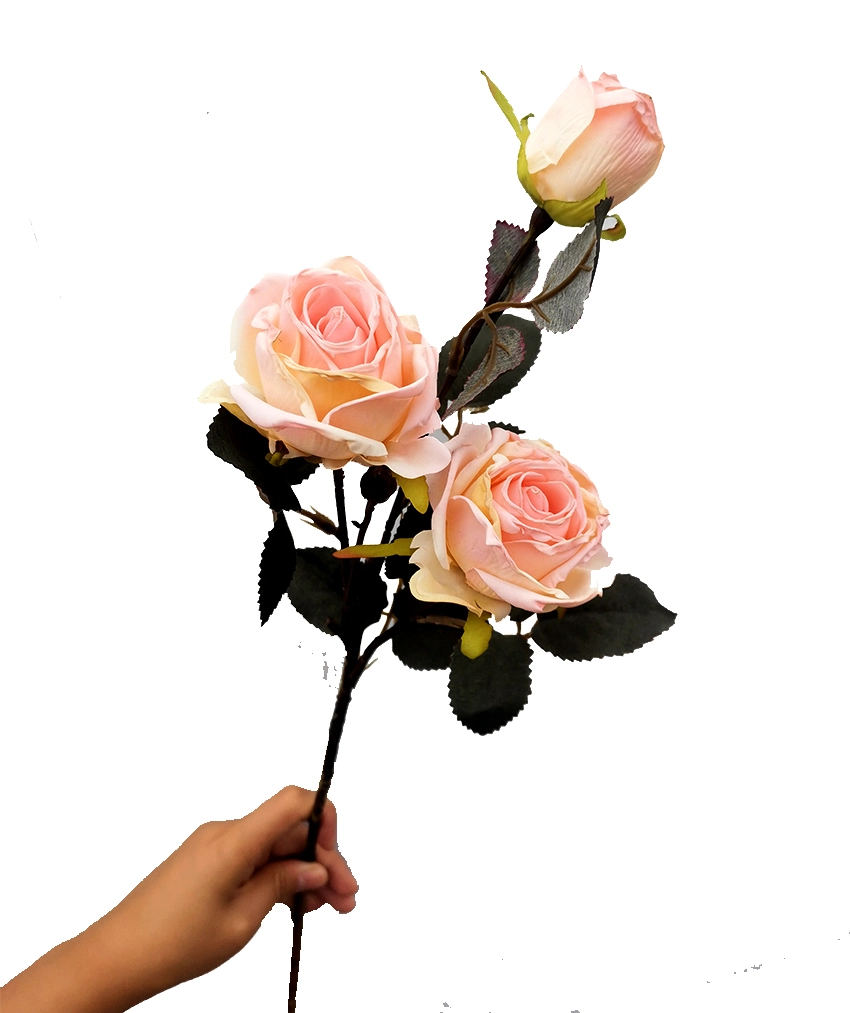 Luxo artesanais Flor de seda 3 Chefes Artificial flor rosa para decoração de casamento