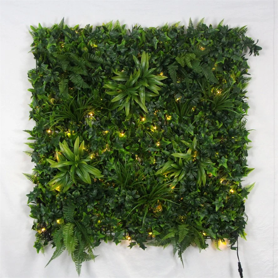 Kundenspezifische LED 100 * 100 cm Kunststoff PE künstliche Vertikale Gartenpflanze Wand für Bankett Büro Wanddekoration DIY