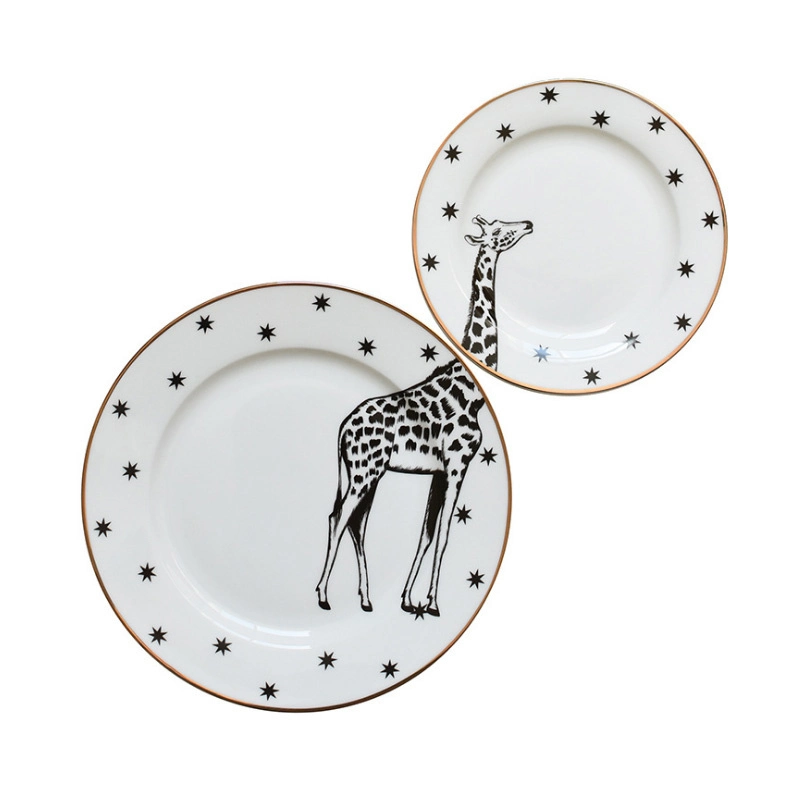 Hot Sell Nordic Ins Cartoon Ceramic Palte 6 Inch and 8 Inch 2 Pieces Set Animal Porcelain Dinnerware
