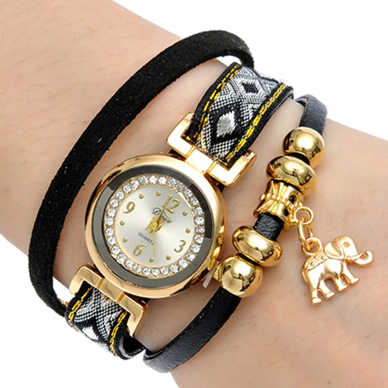 Women Fashion Gold Elephant Pendant Luxury Bracelet Watch Analog Quartz Wrist Watch Esg13645