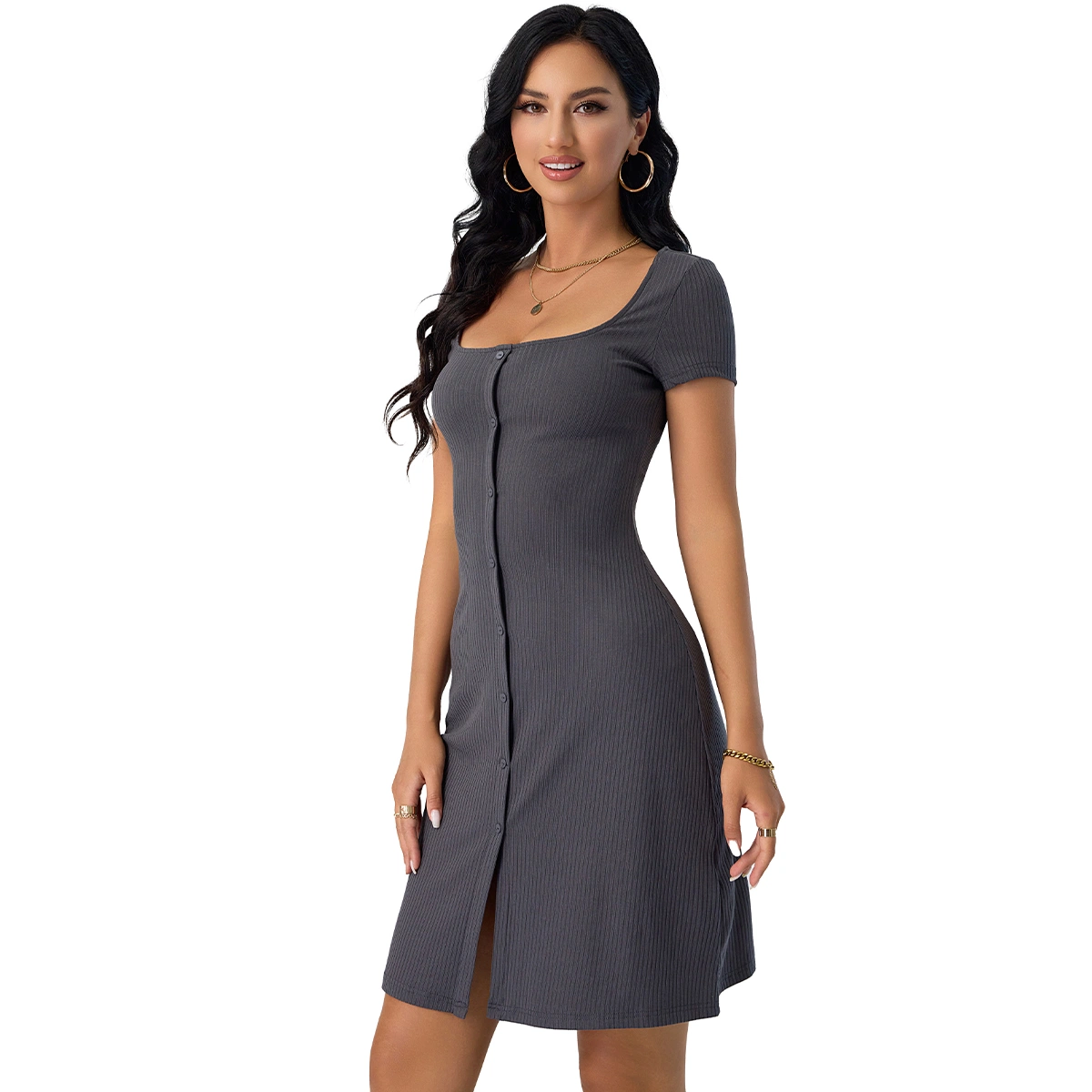 Custom Wholesale/Supplier Grey Ribbed Knitted Casual Fashion Short Sleeve Women Lady MIDI Dresses