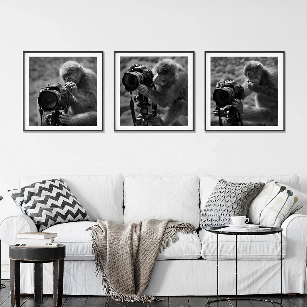 Black and White Wall Art Painting Monkey Modern Design Canvas Cheap Custom 3 PCS Piece Framed Home Decor Animal