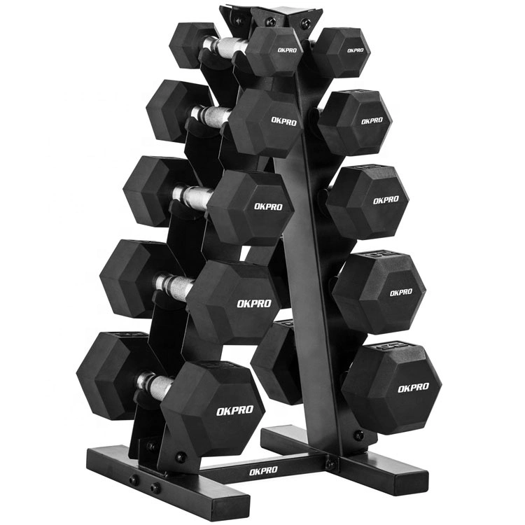 Okpro Gym Rubber Hex Dumbbell Set with Rack