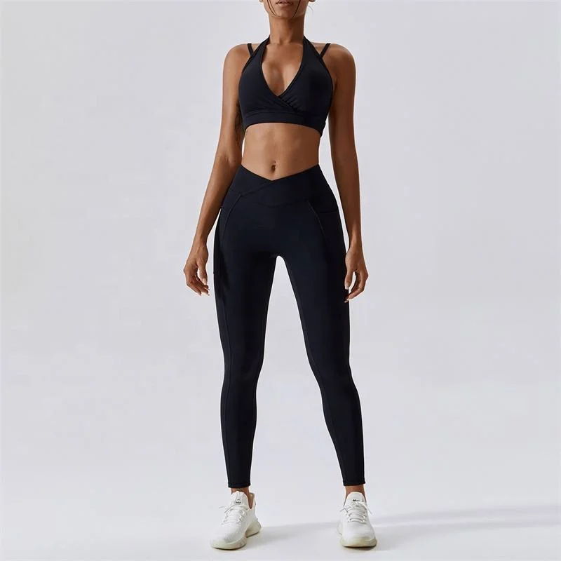 OEM Sportswear Custom Logo Yoga Set Butt Lift Cross V Shape Pockets Legging Fitness Compress Legging Sports Bra 2PC Yoga Set