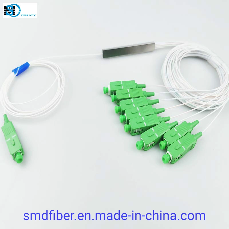 FTTH 1X8 0.9mm Mini Blockless Fiber Optic PLC Splitter with Sc/APC Connector