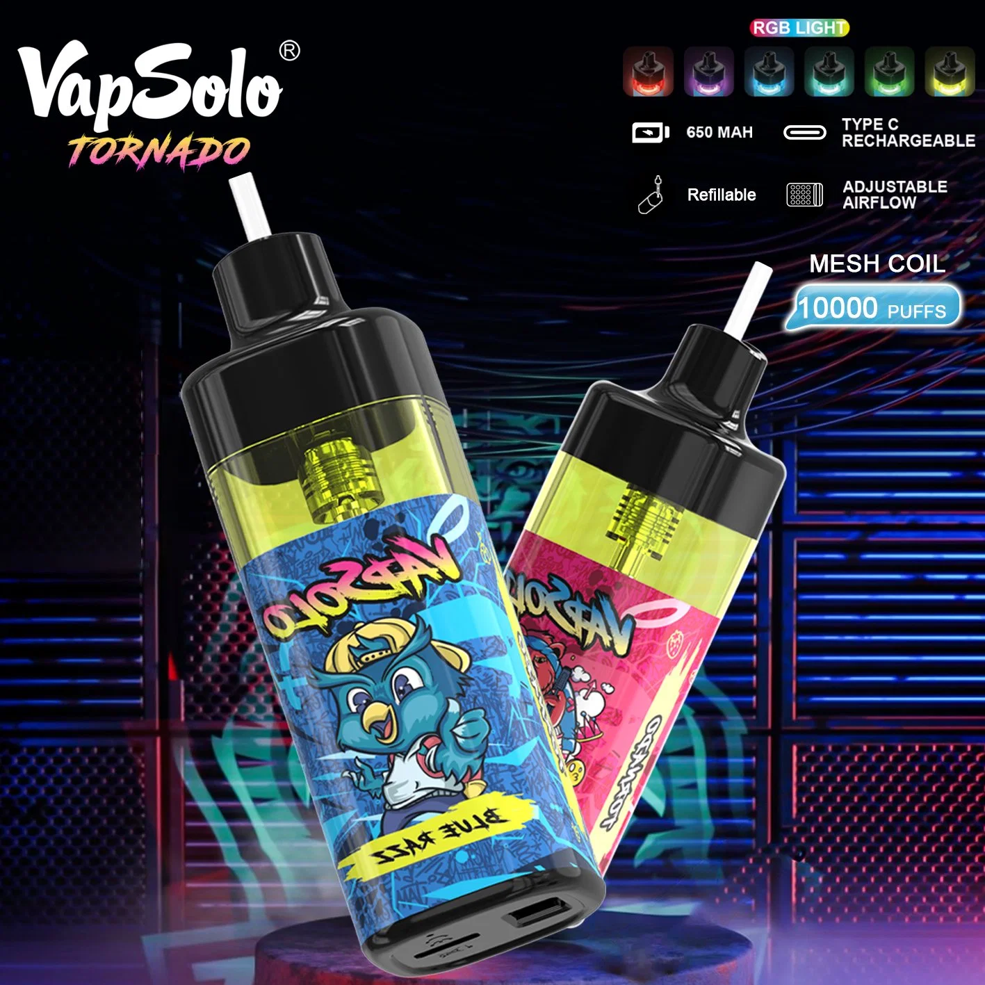 Vapsolo wiederaufladbare LED Licht Vaporizer 20ml Vorgefüllte Vape Pen Randm Tornado E Zigarette nikotinfreie Vape 10000 Puffs