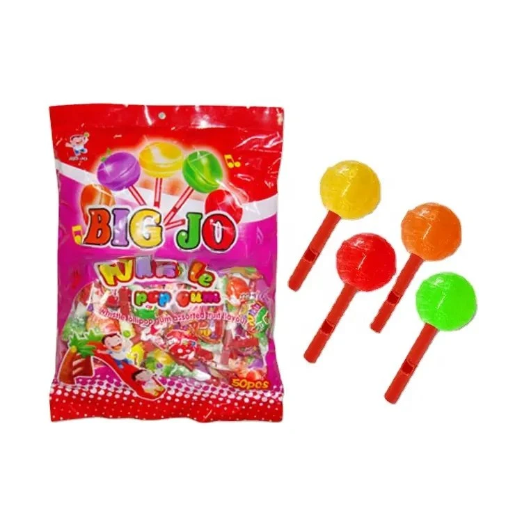 Venda de topo para Halal Kids Assobiar Stick Frutas Forma esférica Goma de bolha Chupas Candy