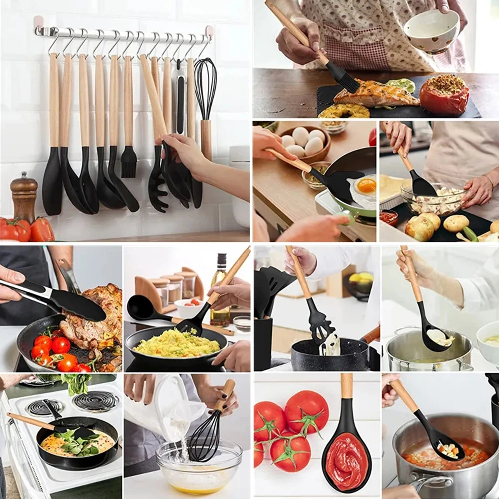 Custom Silicone Kitchenware 12 Pieces Cookware Household Kitchen Utensils Set with Wooden Handle