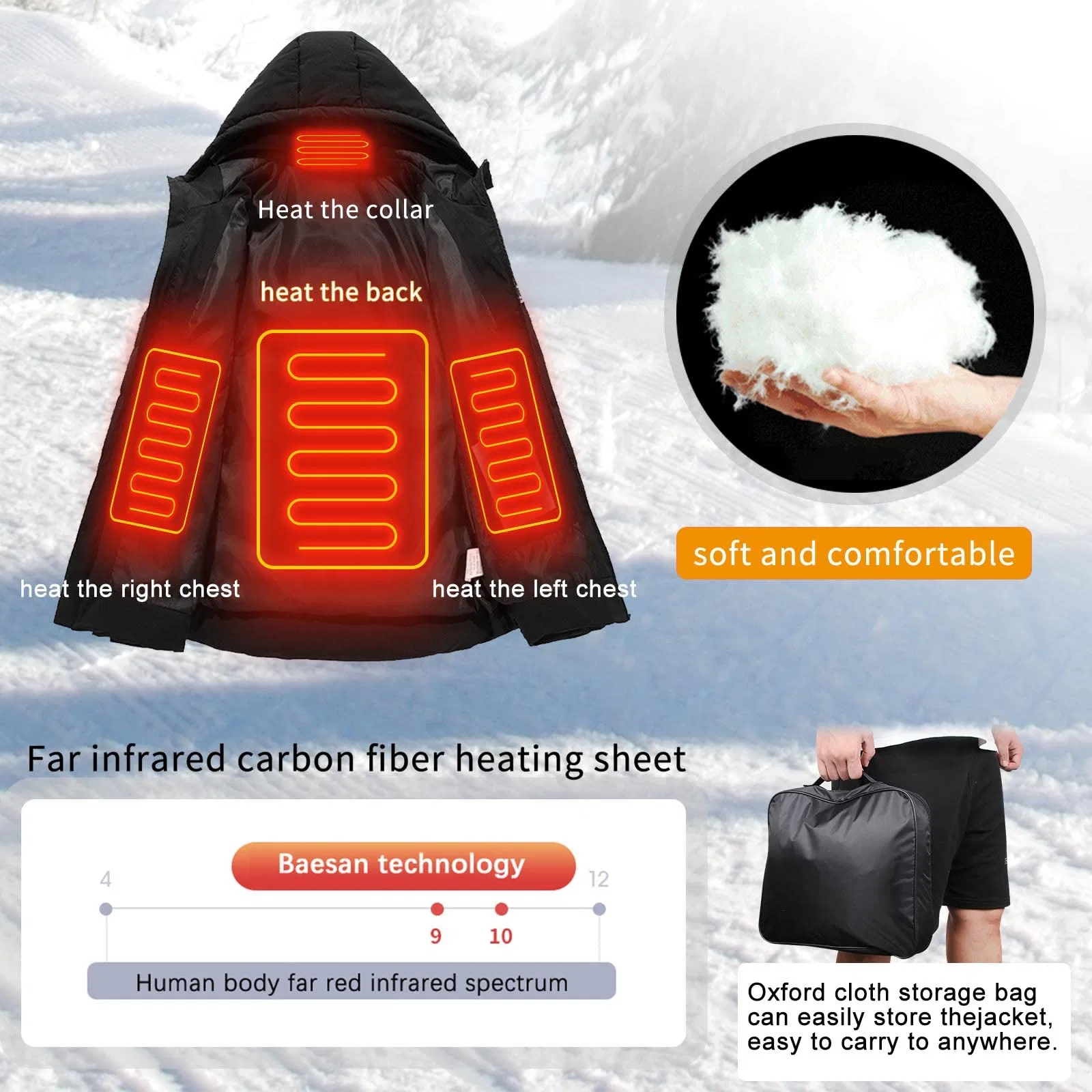 Chaqueta con capucha calefaccionada Calefacción eléctrica Invierno caliente abrigo térmico Hombre Mujeres para esquiar en moto