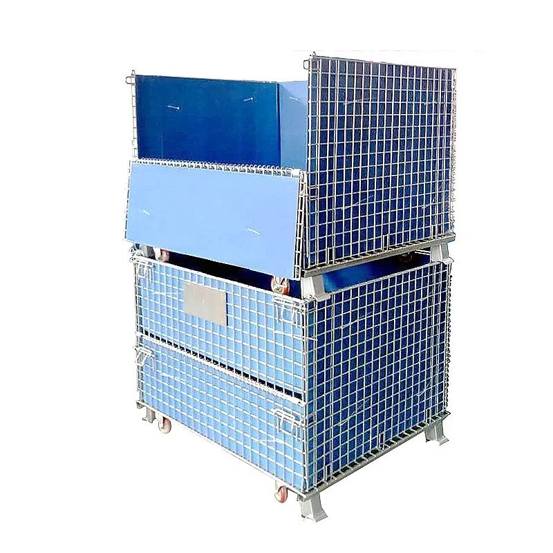 China Welded Industrial Storage Stacking Durable Metal Wire Containers with Wheels