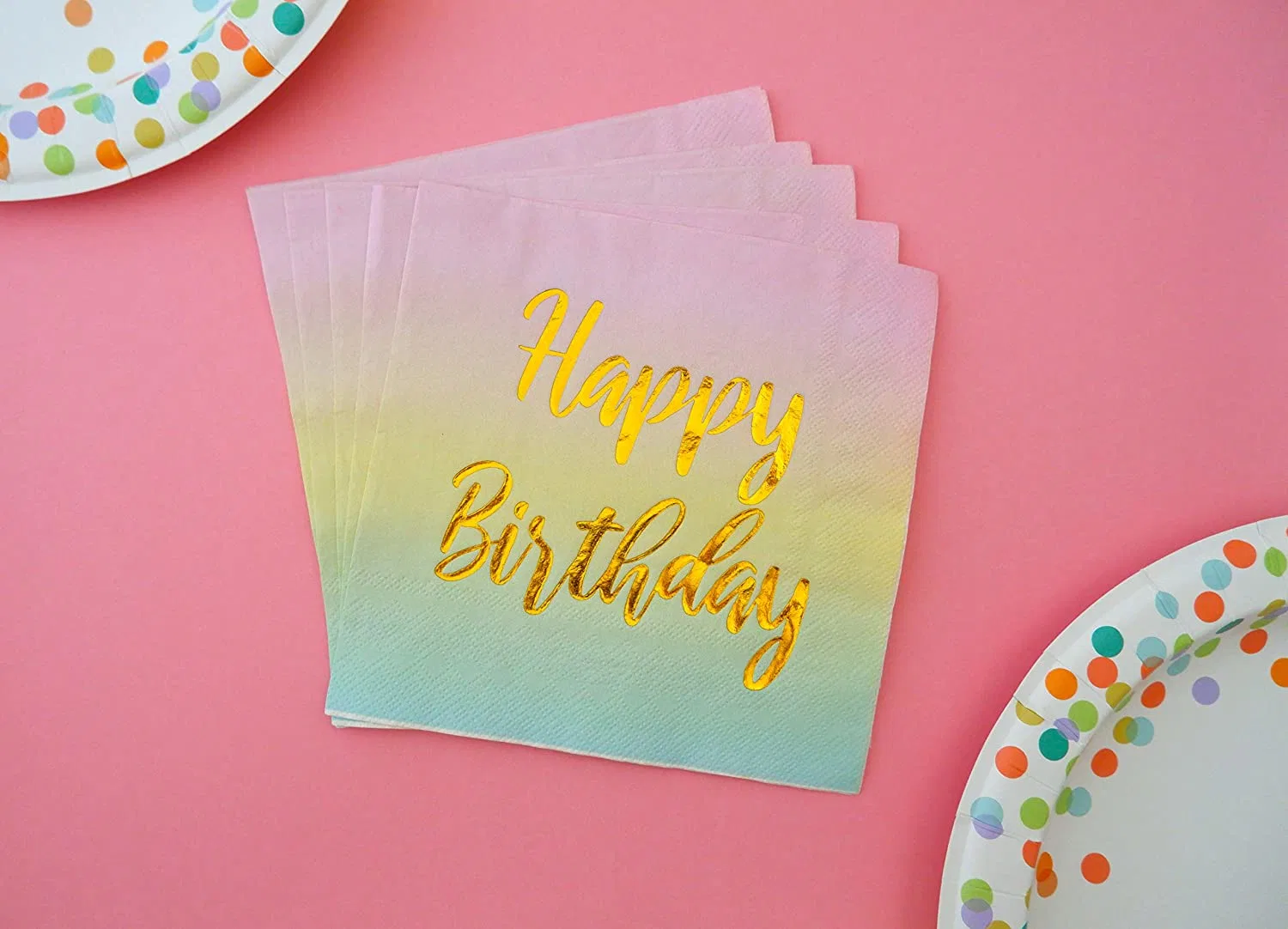 Feliz Cumpleaños servilletas - Pastel de cumpleaños de 50 Pack metálico servilletas de papel desechables con lámina de oro la impresión en color rosa Amarillo Azul Ombre Degradado para Cóctel