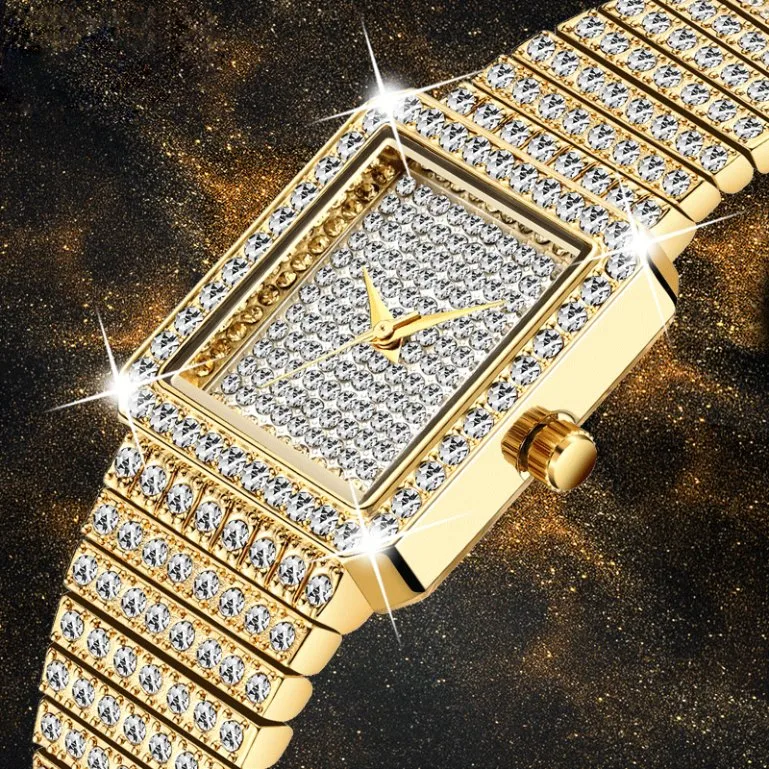 Diamonds Women Fashion Watch Geneva Designer Square Ladies Gift Wristwatch Luxury Brand Quartz 18K Gold Watch