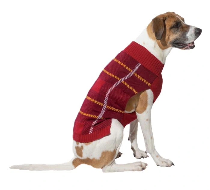 Ropa de suéter de punto suave elástico de mascotas con diseño de perro de cuadros rojo otoño
