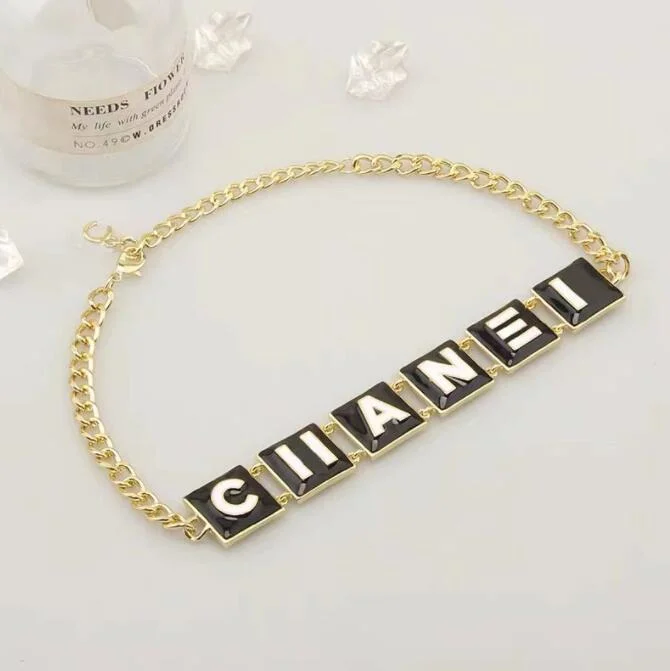 Short Metal Square Alphabet Necklace Cc Black Enamel White Alphabet Clavicle Chain