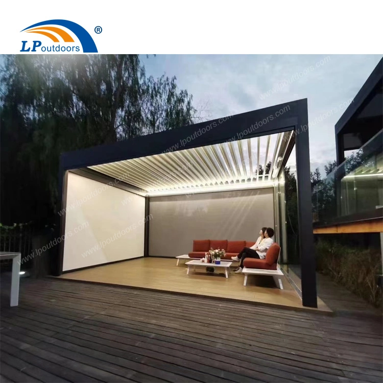 Aluminio sombra de sol Jardín eléctrico impermeable Gazebo Louvre techo Pergola con Luz LED