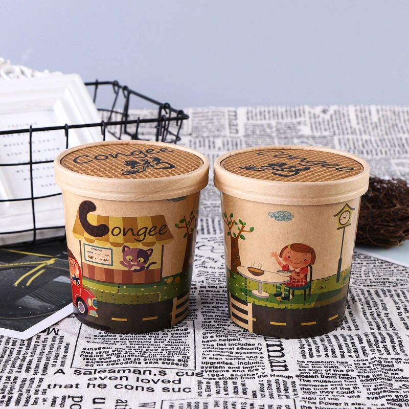 Custom Printed Microwaveable Kraft Hot Soup Bowl Food Grade Fast Food Container Paper Soup Cups with Lids