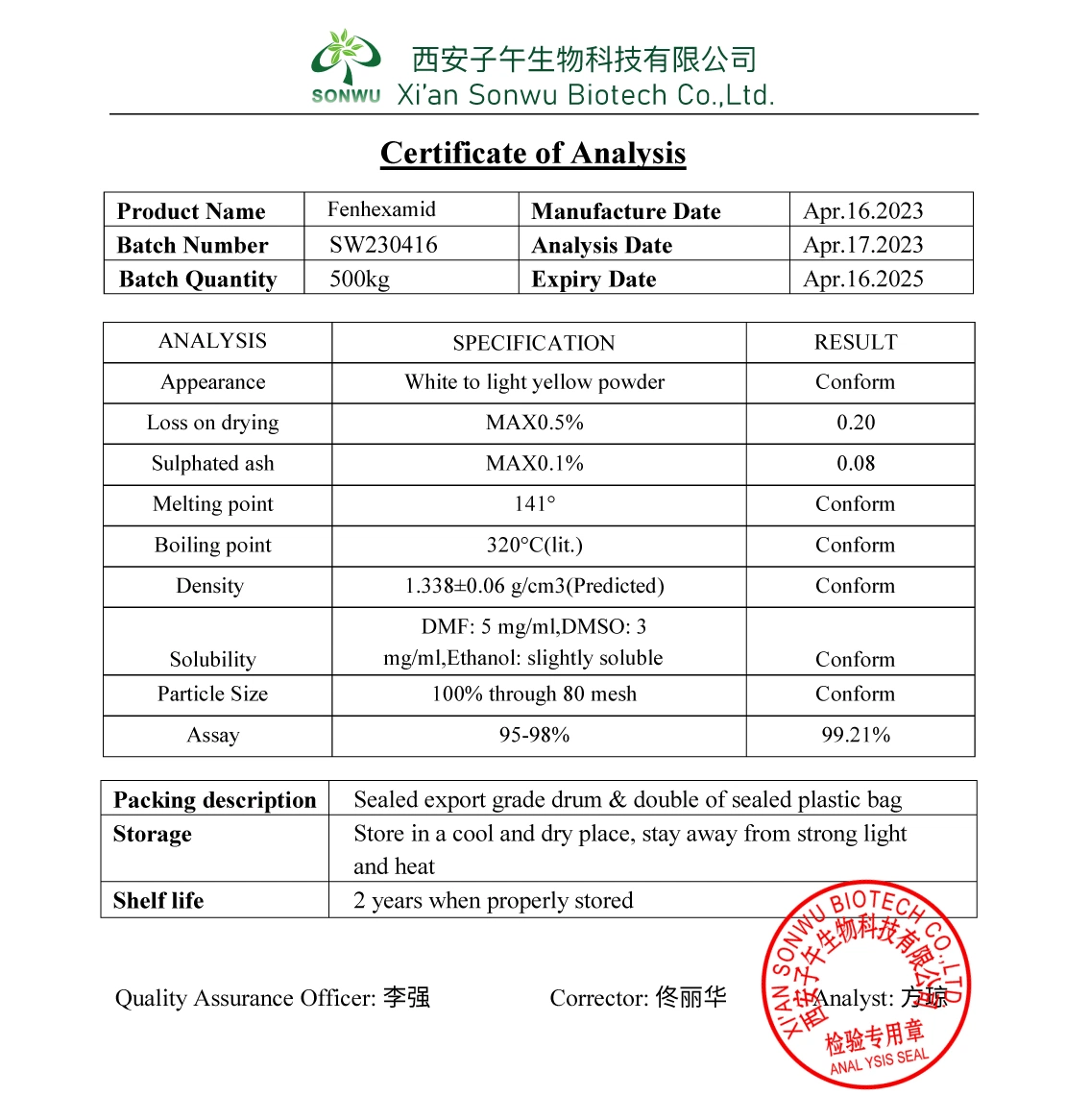 Sonwu fournit poudre brute Fongicide fenhexamide