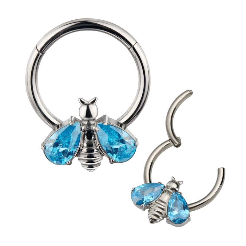 Piercing Body Jewelry ASTM F136 Titanium Bee Shape with Bezel Set CZ Wings Segment Ring Nose Ring Earring for Women