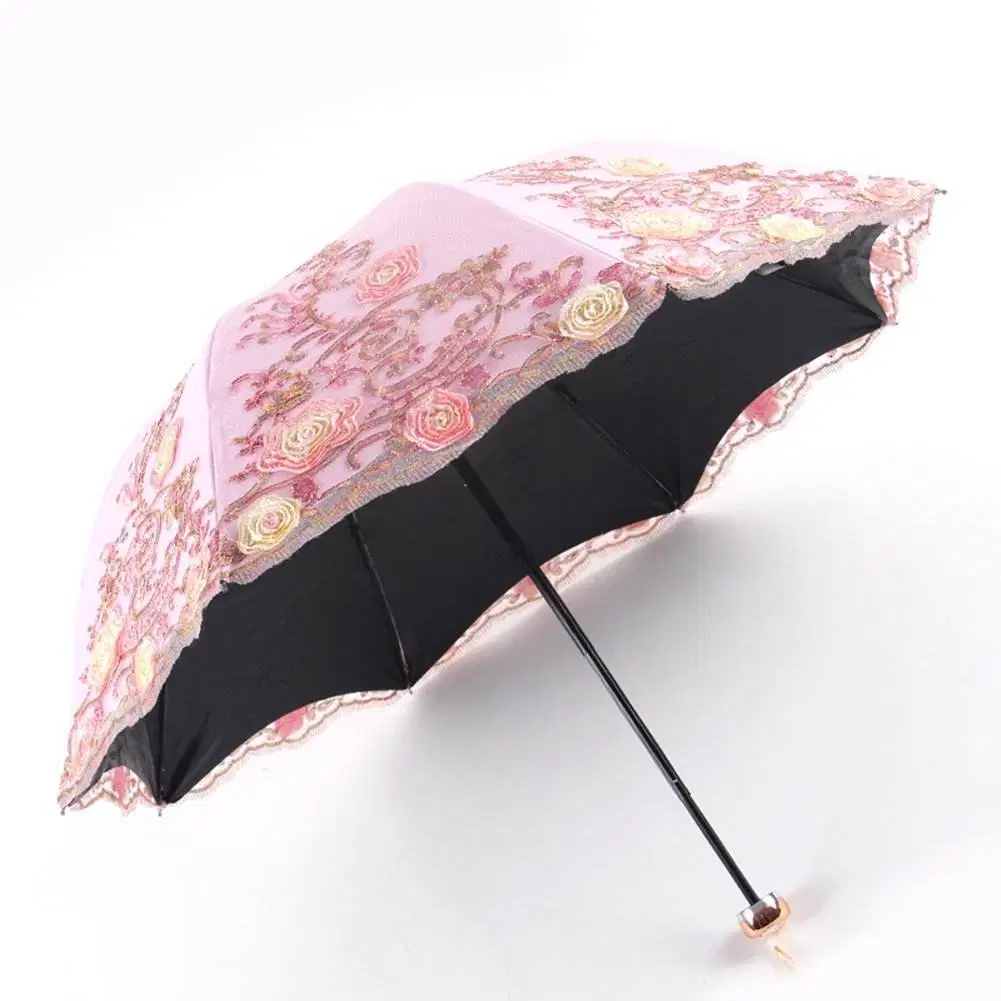 Designer Vintage Lace 3D Flower Embroidery UV 50 Sun Parasol Wedding Fabric Umbrella with Black Coating