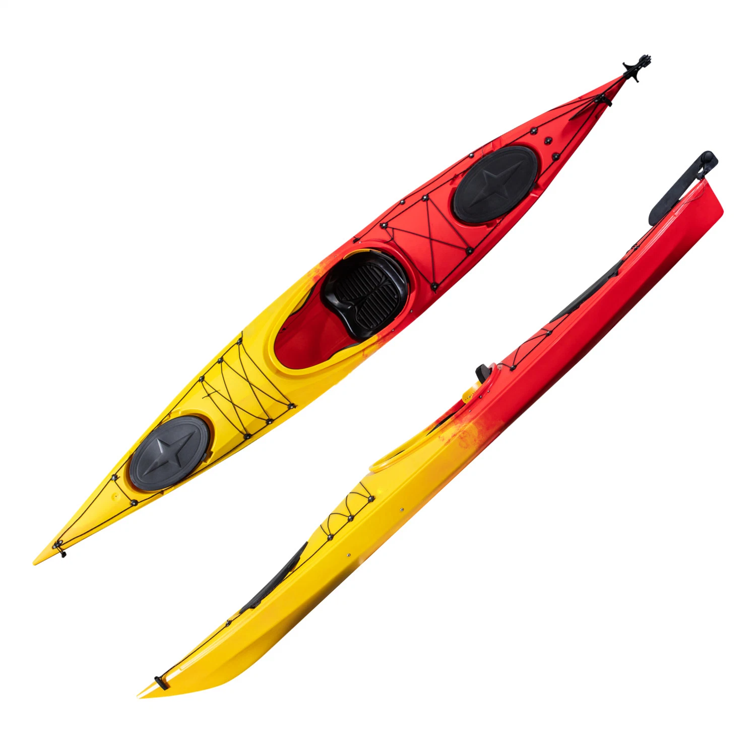 Fabricante de material LLDPE Kuer carreras solo sentarse en Kayak de Mar 14ft canoa con diseño profesional del sistema de timón para la pesca y turismo