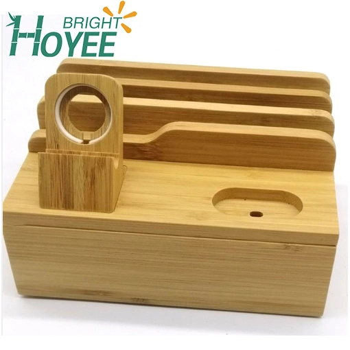 Bamboo Charging Station Dock Charger Desktop Docking Station Organizer for Cellphone Smart Watch Tablet