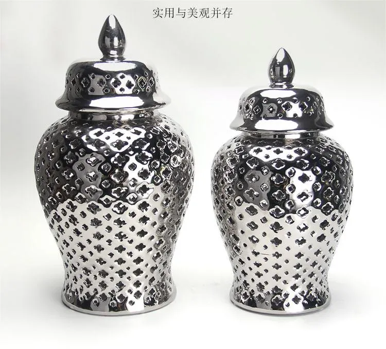 J155S Luxury Interior Hogar Decoration Silver Ceramic Vase Sets Porcelain Hollow out Ginger Jar