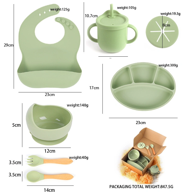 Wholesale/Supplier Baby Silicone Sippy Cup Fork Spoon Bib Kids Tableware Dish Suction Silicone Dinner Set