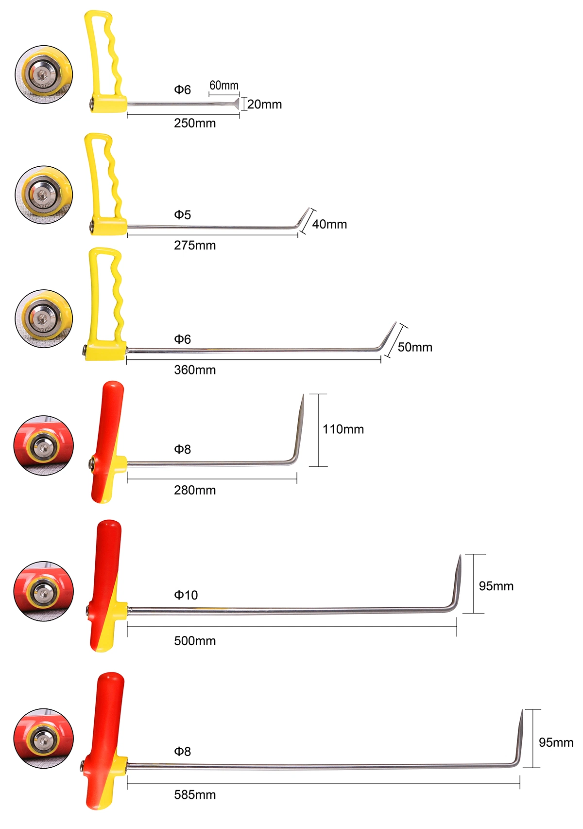 6pzas gancho mango ajustable Rod Kit empuñadura giratoria Dent Hook Kit de reparación