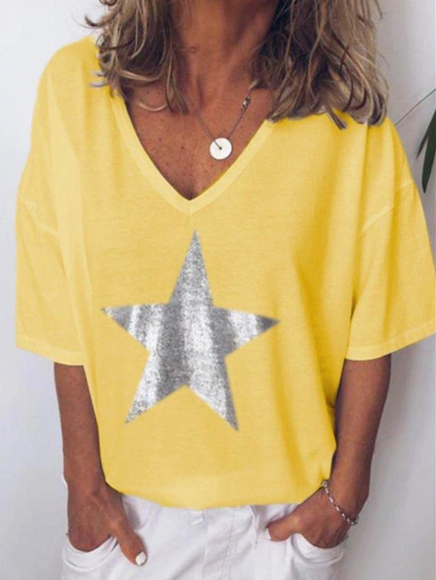 Custom Silver Star T Shirt Women Fashion Summer Lady Print Tee V-Neck Top Female Tshirts Clothes