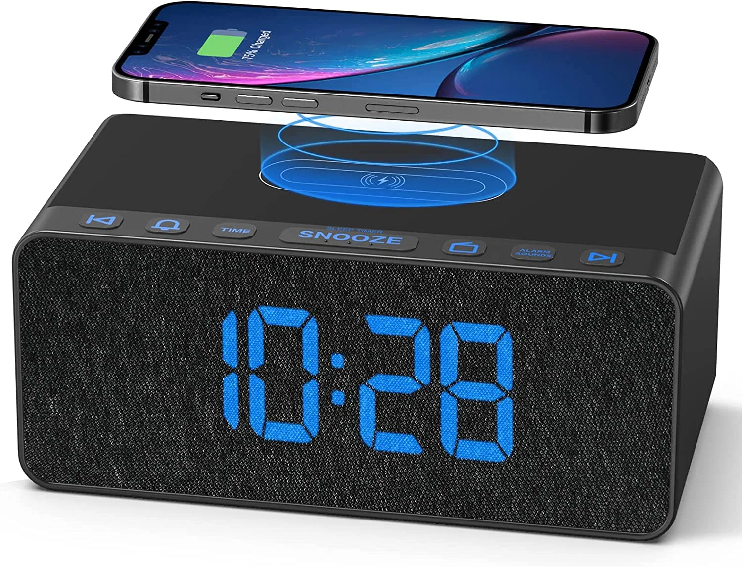 Radio FM PLL digital Soporte inalámbrico USB de carga y reloj despertador