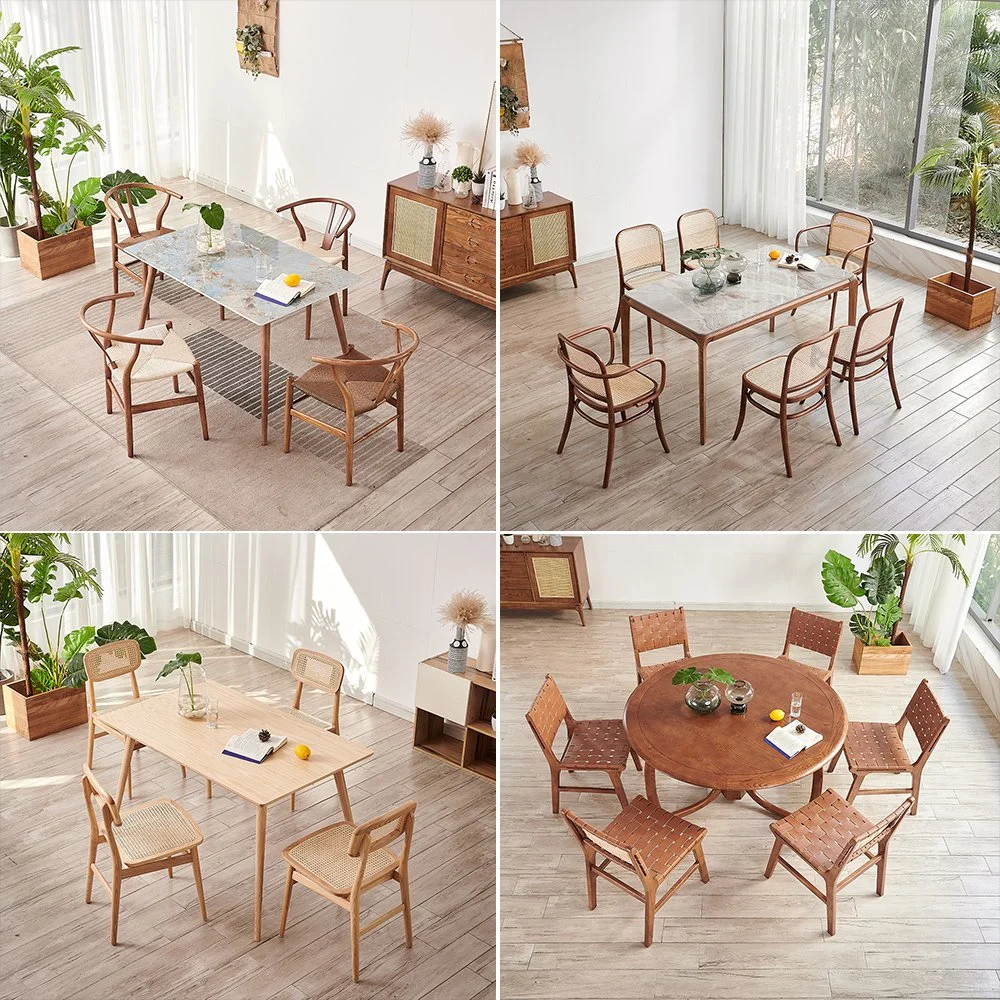 Home Wood Round Table Unfolded Brown Restaurant Chair 6 Seats Dining Table Set