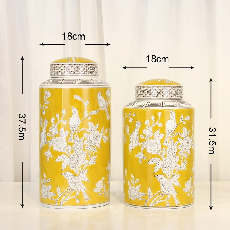 J250 Good Quality European Style Ceramic Cylinder Flower Vase Yellow Porcelain Jar Sets with Lid